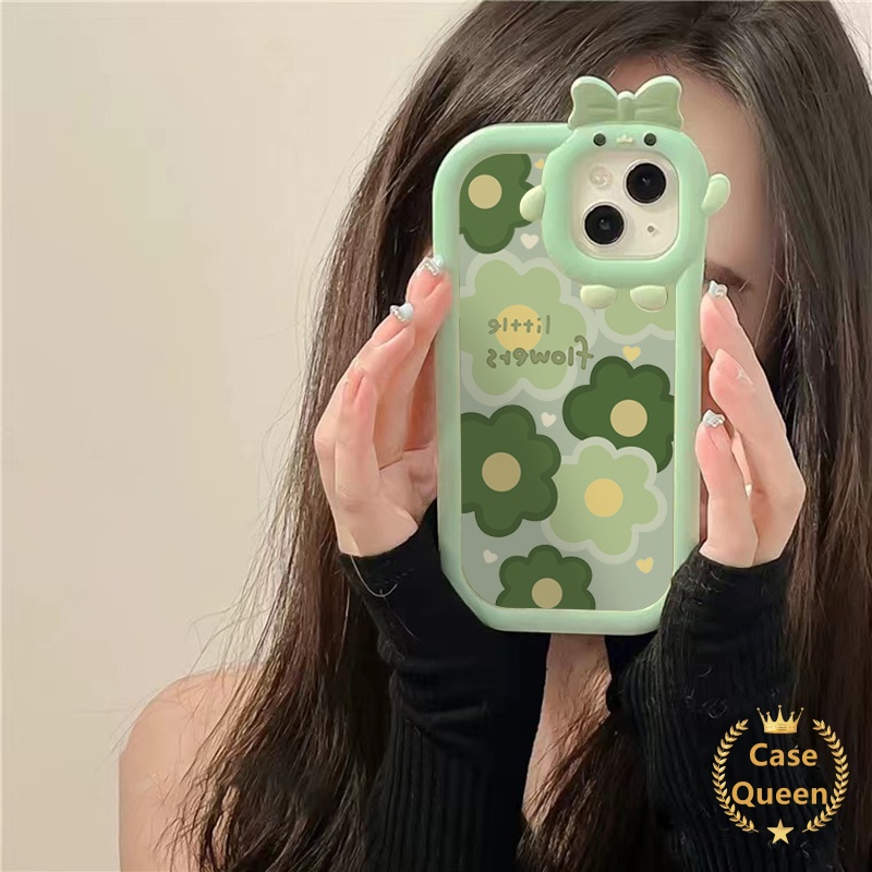 Casing Oppo A17 A95 A16K A16E A52 A92 A96 A7 A5S A12 A3S A12E A53 A74 A17K A76 Reno 5 5F 4F A55 A16s A15 A15s A16 A57 A5 A9 A54 A31 Bow-knot Little Monster Fresh Green Flower Case