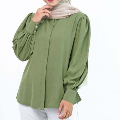 WANITA FASHION CLARISA BUTTON TOP BAJU ATASAN KEMEJA WANITA BLOUSE-olive