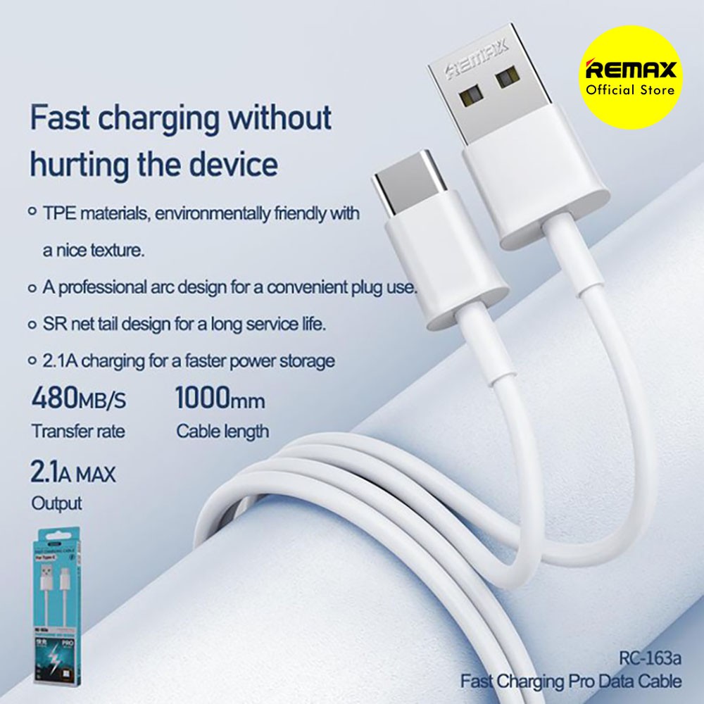 Kabel Data Type-C Remax RC-163A Fast Charging Cable Data/ Kabel Charger/ Kabel Murah Original