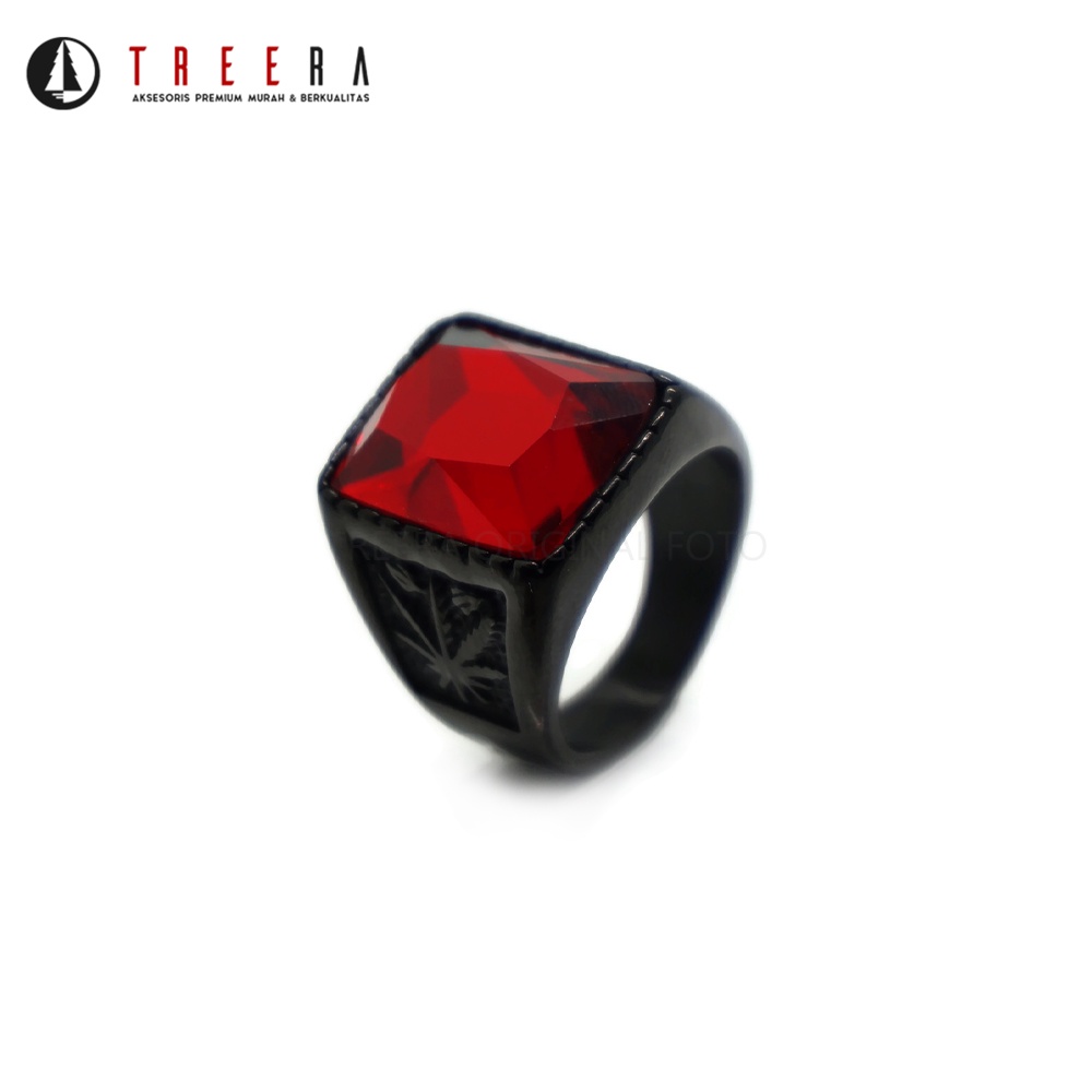 Treera - Cincin Titanium Hitam Pria Batu Merah Original Real