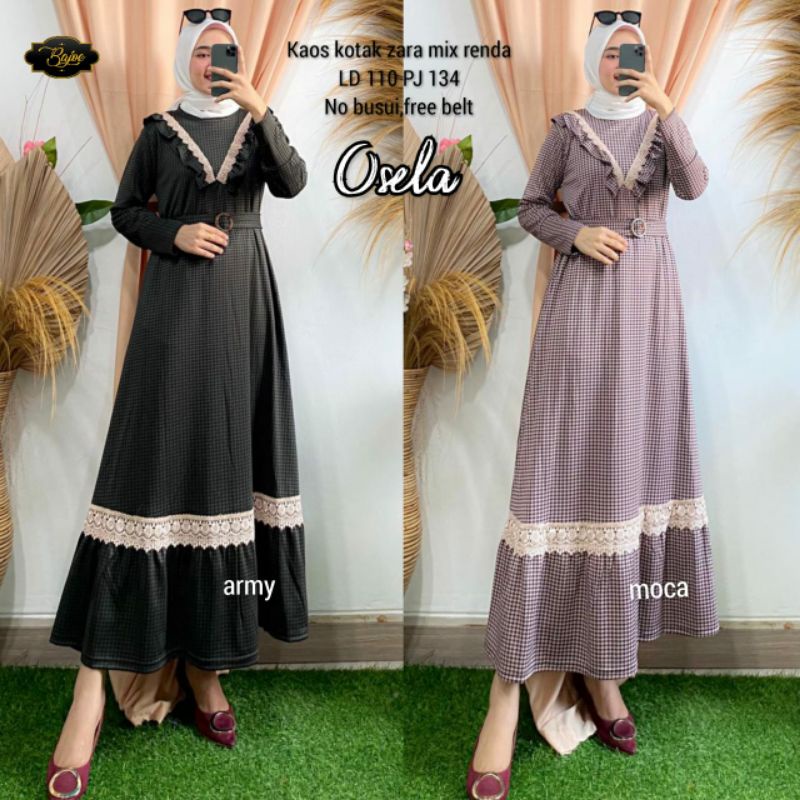 OSELA MAXI DRESS BAHAN KAOS KOTAK - KOTAK ZARA MIX RENDA LD 110CM PJ 134CM NO BUSUI FREE BELT/BAJUWA