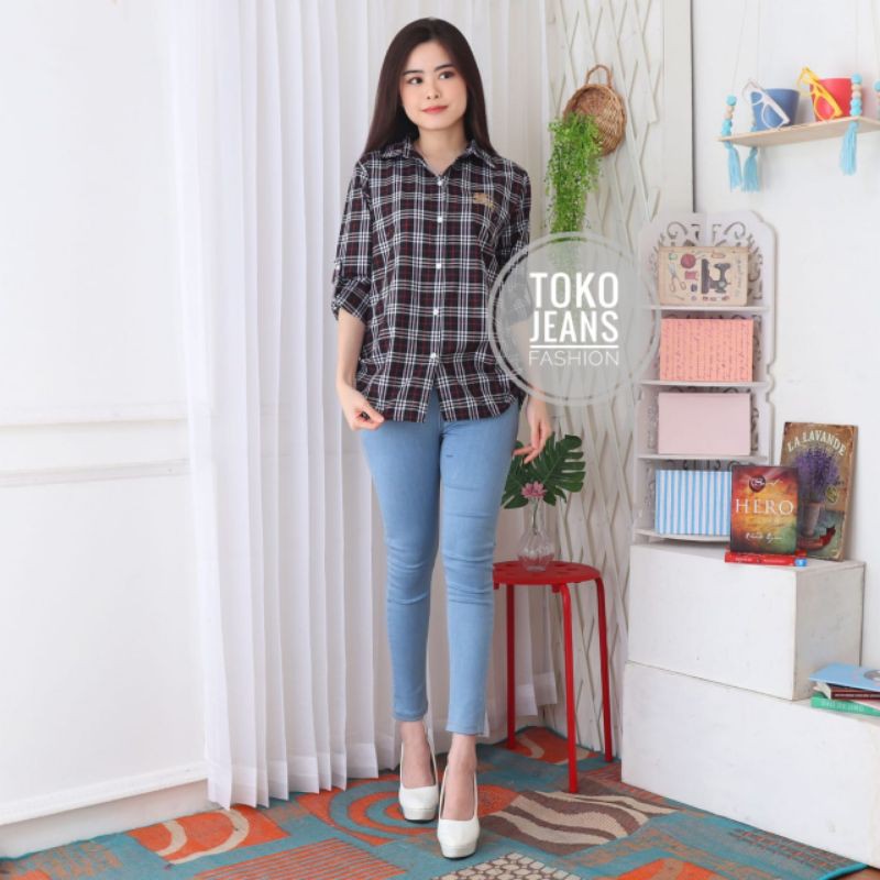 KEMEJA KOTAK BB ATASAN WANITA + BORDIR-Hitam 8340 bb