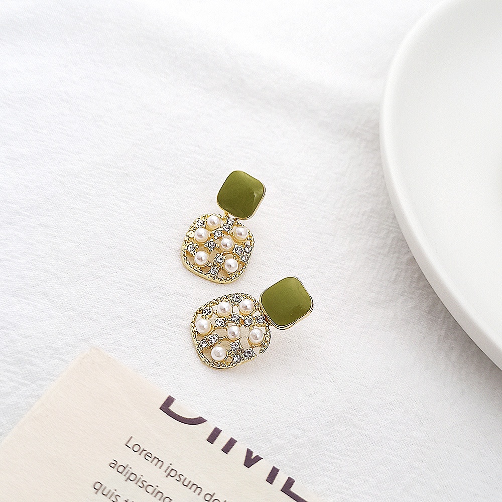 Anting Liontin Mutiara Persegi Mewah Ringan Prancis Anting-anting Wanita Hijau Zamrud Antik Kelas Atas-5