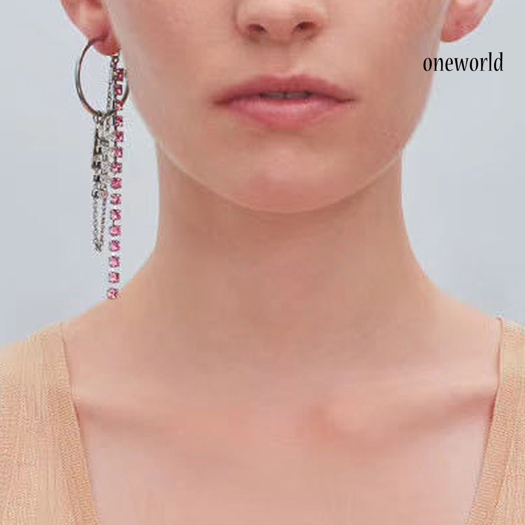 OW@ 1 Pair C-shaped Chain Tassel Drop Earrings Women Pink Rhinestone Clip Earrings Jewelry Accessory