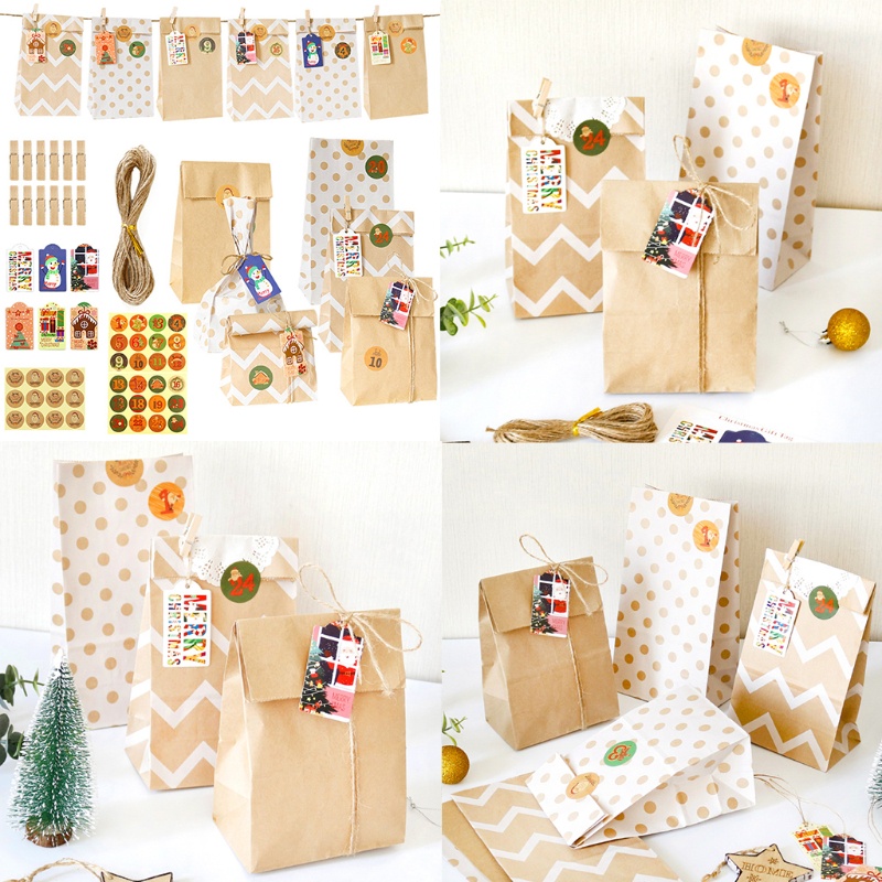 24pcs / Set Tas Permen Desain Kalender Advent Natal 1-24 Dengan Stiker Tali Rami Klip Untuk Hadiah