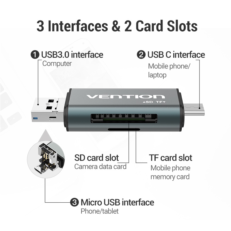 ( Bisa Cod ) Vention Card Reader USB A 3.0 2.0 Type C Micro SD Card OTG CCH CCJ ORI