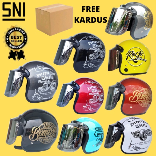 Helm Bogo RETRO MOTIF KACA DATAR/FLAT SILVER HELEM SNI HELM DEWASA HELM WANITA DAN HELM PRIA( FREE K