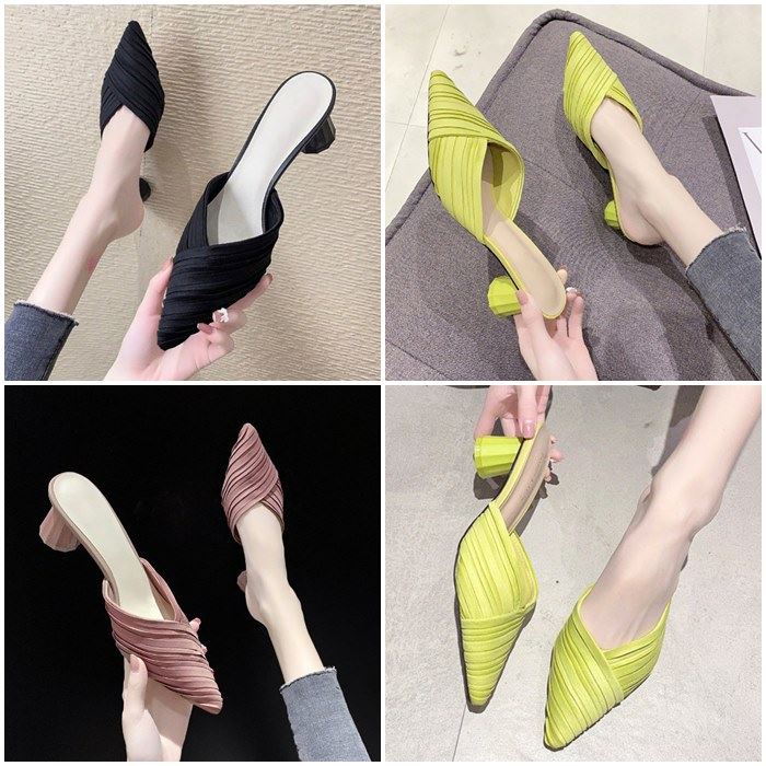 BJS5025 - BLACK/GREEN/PINK - Sepatu Heels Block Import Wanita Elegan 5CM SEPATU PESTA WANITA HIGH HEELS SEPATU HAK SLIP ON SELOP SLOP FASHION IMPORT TERMURAH TERLARIS TERBARU BAGSTORE JAKARTA JSH5025