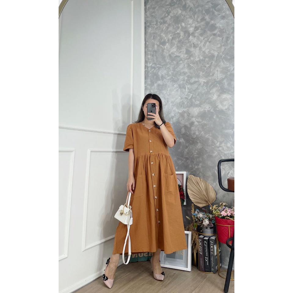 Long Dress Aksen Kancing Katun Linen Import SALE fit S-L CK1671