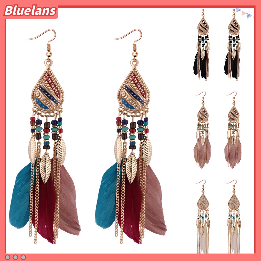 Bluelans Anting Kait Gantung Wanita Desain Bulu Gaya Vintageelegan Untuk Hadiah