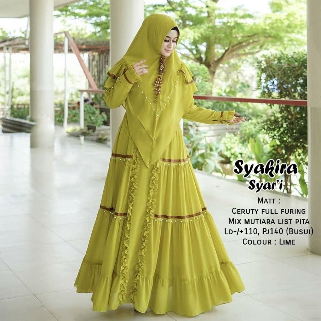 Aretha Terbaru Gamis Syari Set Hijab Syakira Syari Gamis Ceruty Babydoll Full Puring / Gamis Syar'i 