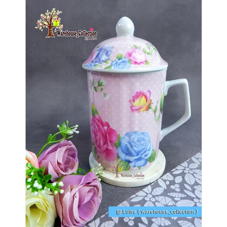 MUG KERAMIK JUMBO + TUTUP 500 ML/ MUG PORCELEN/MUG MAWAR NAKAMI