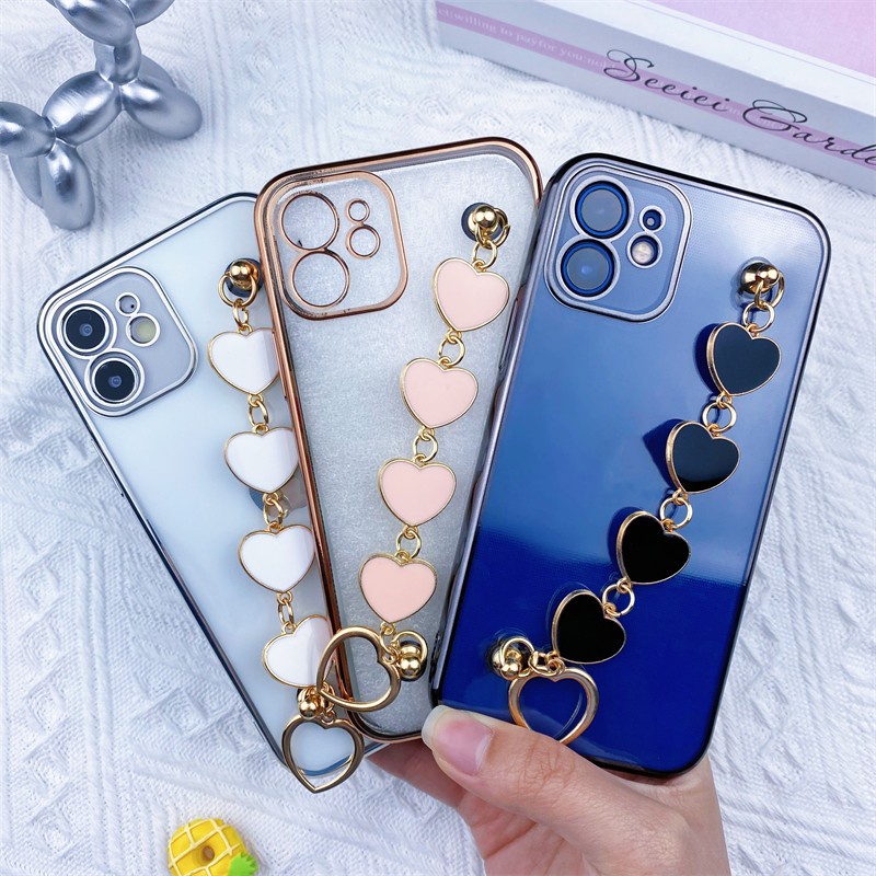 Soft Case Transparan Electroplated Ultra Tipis Dengan Gelang Anti Hilang Untuk iPhone 11 12 13 Pro X XS Max XR 7 8 Plus