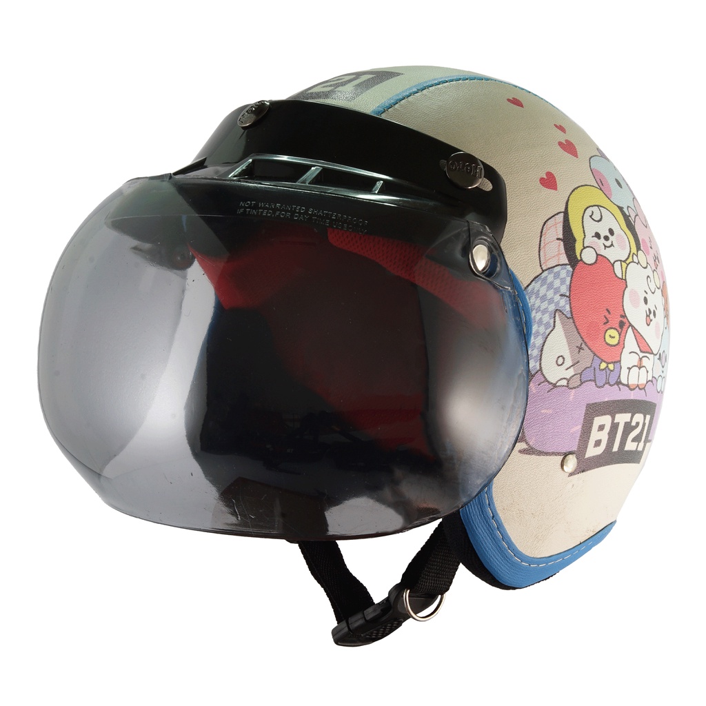 Helm Anak Bogo 2 3 4 5 6 Tahun Retro Junior Motif BT21 Cream Biru