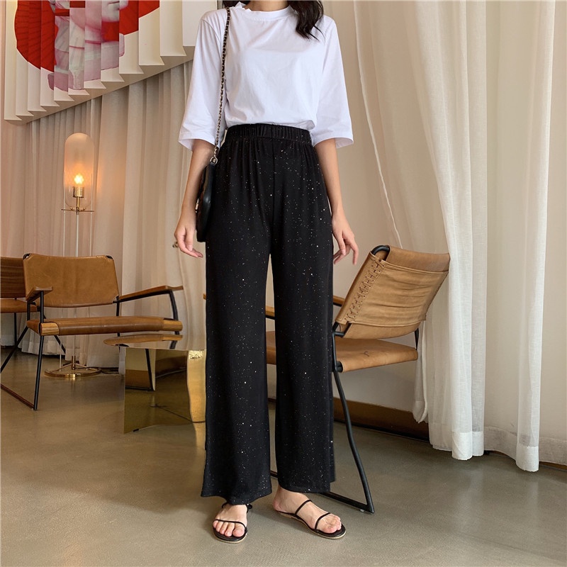 korean style celana panjang wanita high waist kasual loose hitam straight pants
