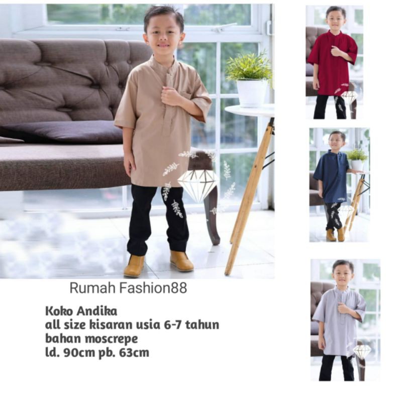 Koko Andika atasan muslim anak terbaru terlaris trendy kisaran usia 6 - 7 tahun warna putih abu