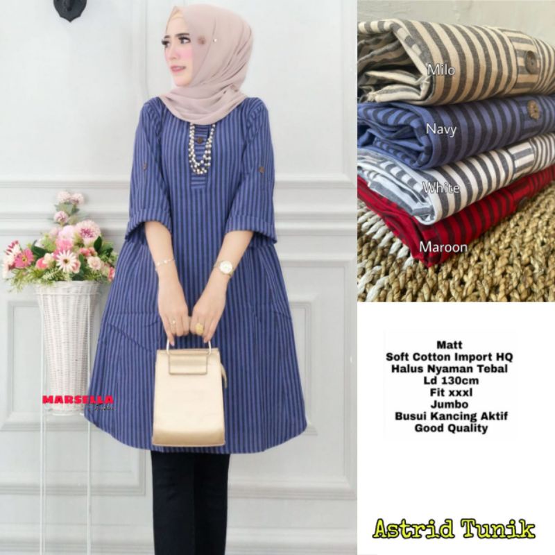 Astrid tunik soft cotton motif salur kancing aktif busui ld 130 by Marsella