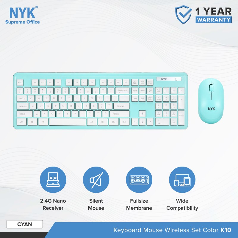 Keyboard Mouse Wireless Combo Cyan NYK K10