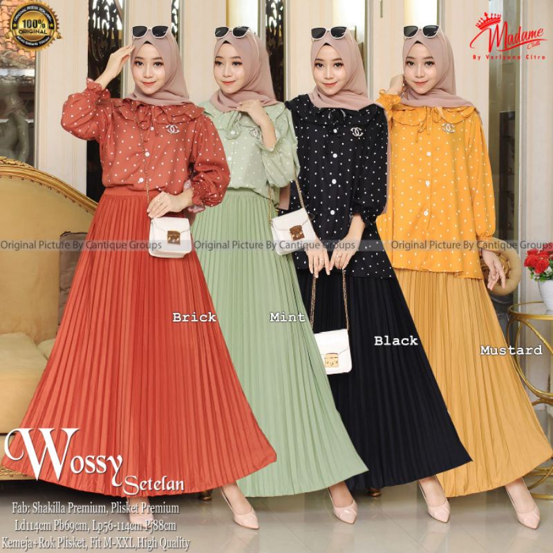 Setelan Rok Plisket Wanita Wossy One Set Polkadot Kemeja +Rok Plisket