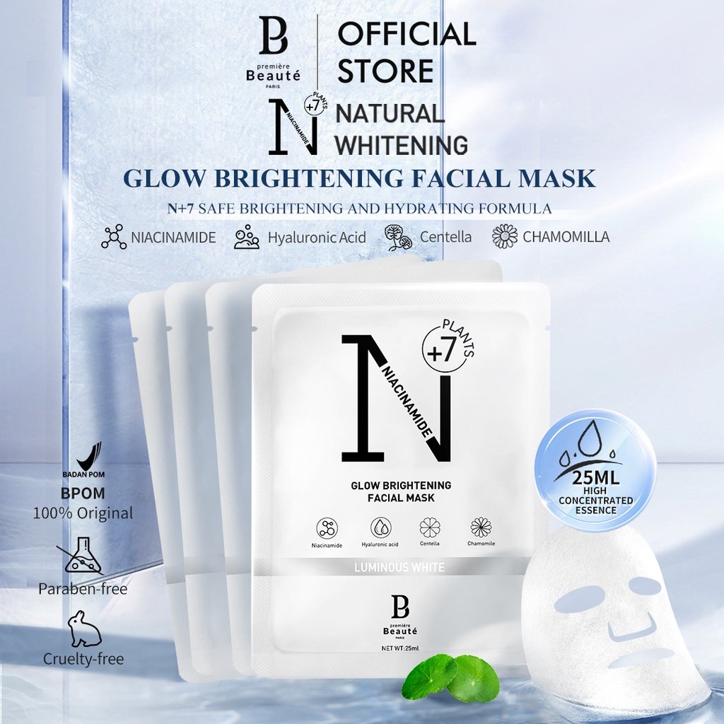 [1PCS] Premiere Beaute Whitening Essense Face Mask 25ml Masker Wajah Niacinamide Centella Hyaluronic Acid Luminous White Glow