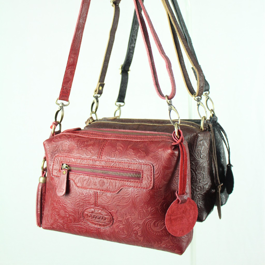 TAS KULIT WANITA SLEMPANG MORENO SLING BAG KULIT SAPIMOTIF BATIK / FREE GRAVIR NAMA DI GANTUNGAN TAS