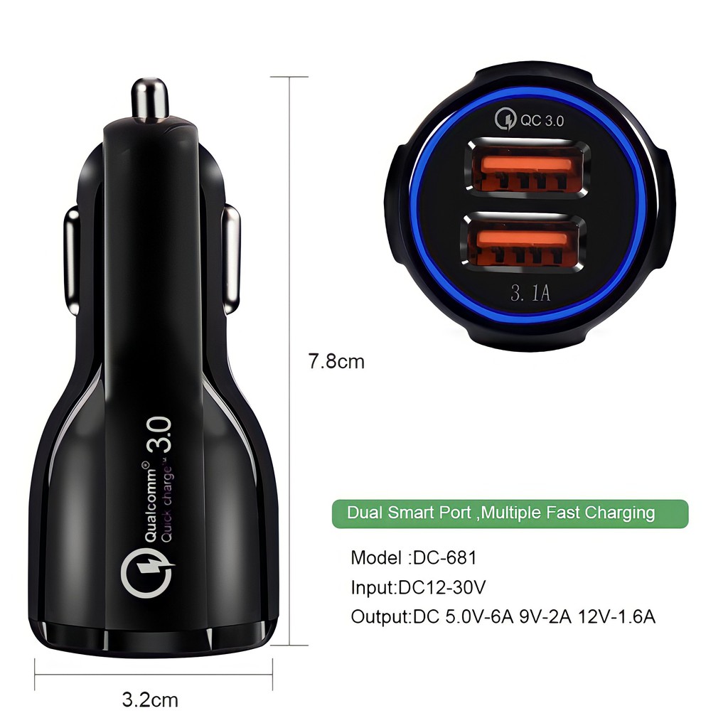 Berkah Oldshop 88 - Car Charger Colokan Mobil 2 Ports QC 3.0 3.1A Qualcomm Black White