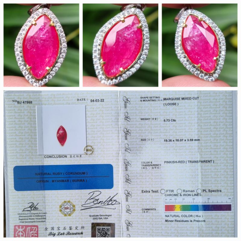 Liontin Natural Ruby Burma Myanmar Sertifikat 5.73 crt