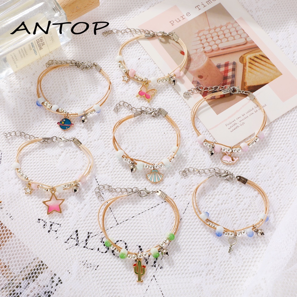 Gelang couple Liontin Rantai Banyak Lapis Aksen Kupu Daisy Gaya Korea Untuk Wanita Adjustable Fashion Aksesoris ANTOP