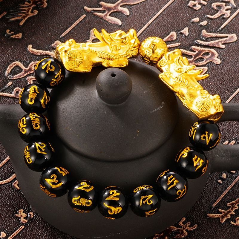 Gelang Manik-Manik Batu Akik Obsidian Warna Emas Untuk Pria