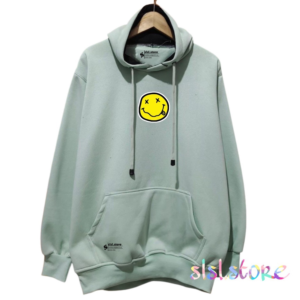 Sweater Hoodie Aesthetic Pria Jumper Hijau Mints Sablon Emoticon Smile Unik Clasic Kekinian Full Katun