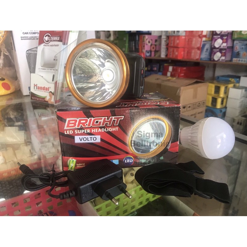 Senter kepala 30 watt Volto bisa 10 jam. Bonus lampu led 10 watt
