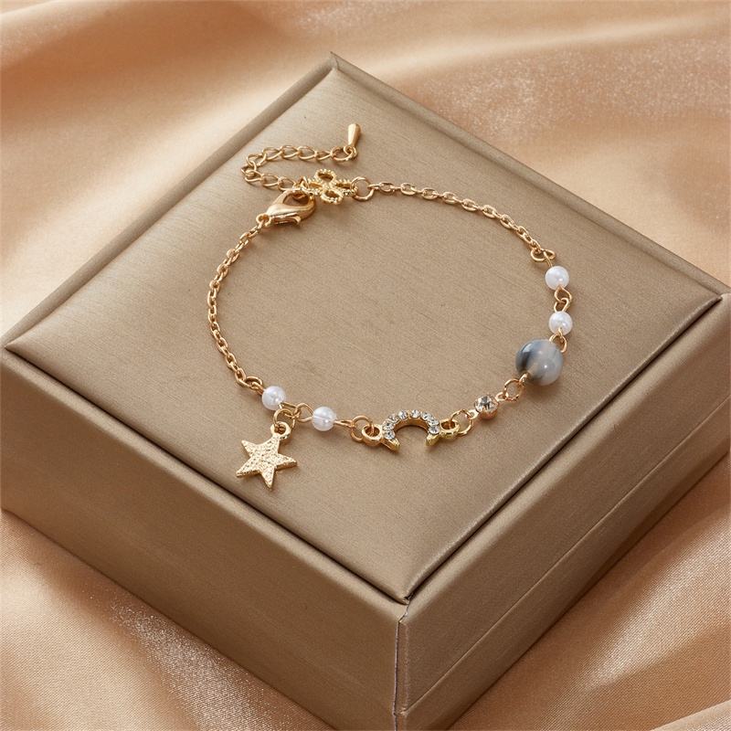 Gelang Rantai Adjustable Pendan Bintangbulan Hias Zirconmutiara Imitasi Gaya Korea