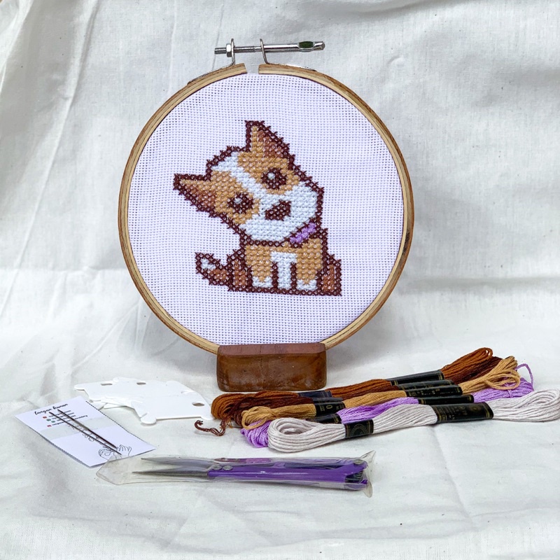 Embroidery Kit Strimin Dog / Kain Kristik / Paket Sulam Benang