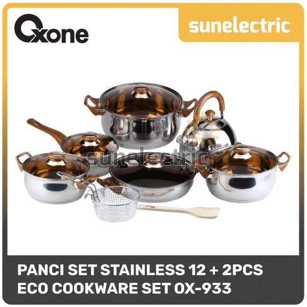 Oxone OX-933 Panci Wajan Penggorengan Teko Eco Cookware Set 12+2 Pcs Stainless Steel Set Anti Karat 