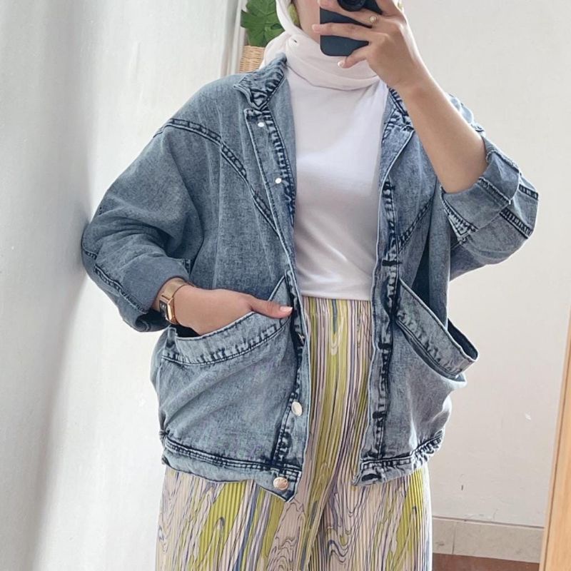 Jaket Jeans Wash Oversize//Jaket Jeans Terbaru Jumbo Lengan Pendek// Blazer Jeans Wanita
