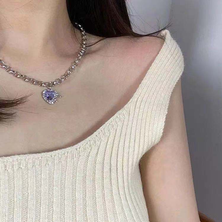 Ungu bentuk Hati berlian imitasi kalung untuk wanita niche desain sederhana all-match kalung rantai