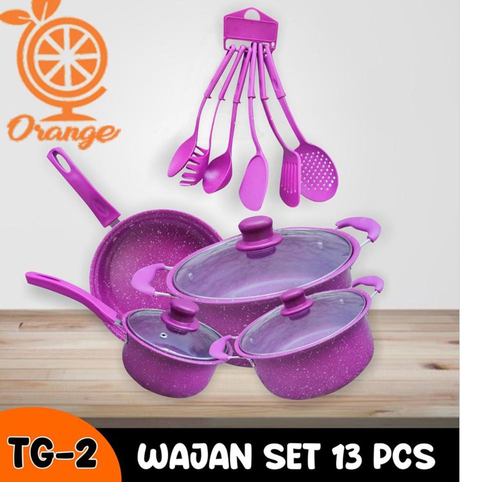 Promo.. [BISA COD]  Panci Set Teflon Marble 13 pcs Cookware Set Tutup Kaca WARNA BIRU UNGU TOSCA 80