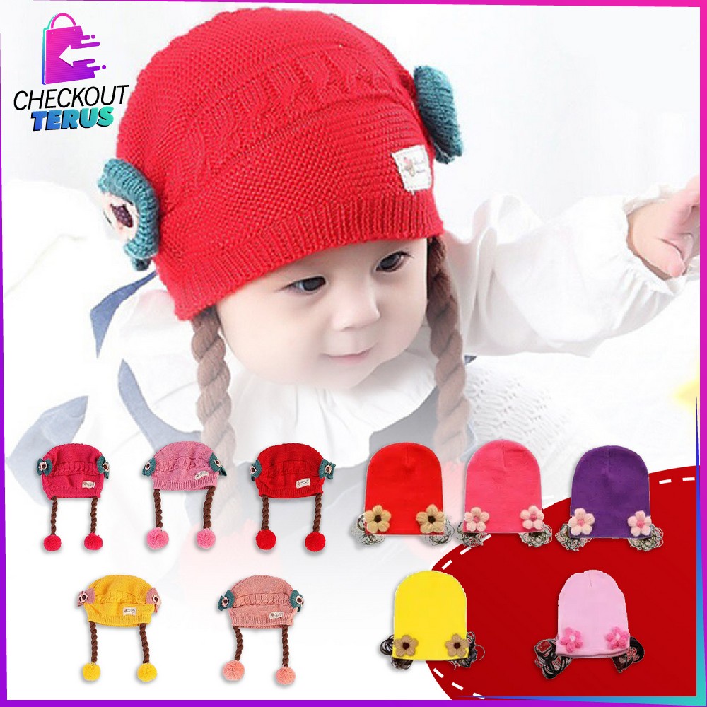 CT P19-21 Topi Anak Perempuan Rambut Kepang Topi Kupluk Bayi Rajut Imut Lucu Bunny Hat Baby Hat Wig Impor Lucu