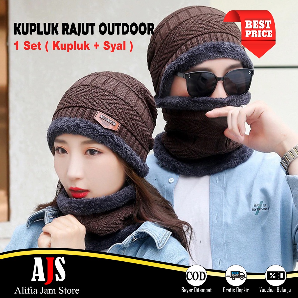 Kupluk Beanie Syal Tebal Hangat Pria Dan Wanita Dewasa Kupluk Rajut Bulu Musim Dingin Outdoor