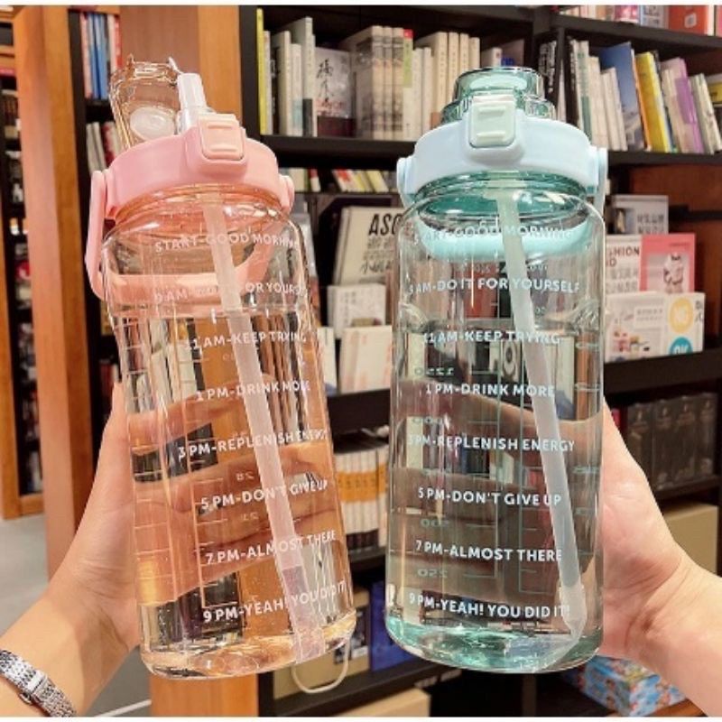 Botol Minum Viral  BOTOL MINUM VIRAL JUMBO 2 LITER MOTIVASI PENANDA WAKTU 2000 ML TRANSPARAN kekinia