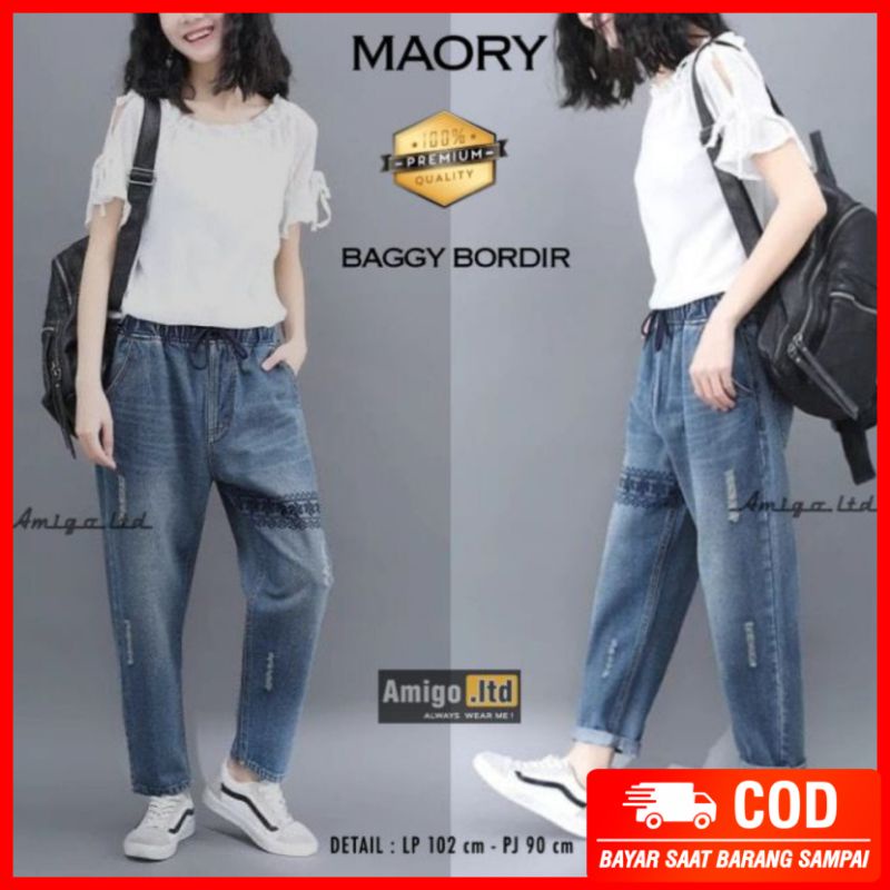 Maory Baggy Bordir Celana Wanita Jeans Import Quality