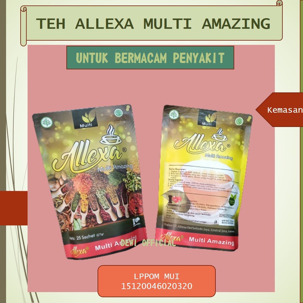 

Teh Multi Amazing ALLEXA Untuk berbagai macam Penyakit Seperti maag, Asam urat, Darah tinggi, Diabetes, Radang, Sakit jantung, Sakit komplikasi, Sembelit dll Aman Untuk Pria Wanita Busui Anak Minuman Herbal Teh Herbal BPOM dan HALAL MUI [ORIGINAL]