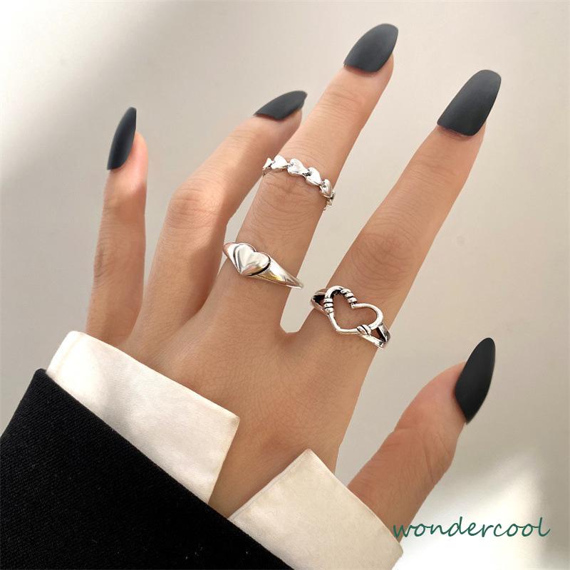 3pcs Cincin Model Terbuka Desain Gelombang Hati Warna Silver Gaya Vintage Untuk Wanita-Won