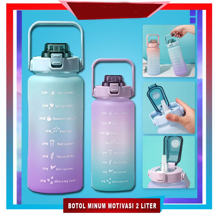 ❤️ SUHU ❤️ BOTOL MINUM MOTIVASI VIRAL GRADIASI PASTEL PENANDA WAKTU QUITFIT 2 LITER 2000ML STICKER 3D