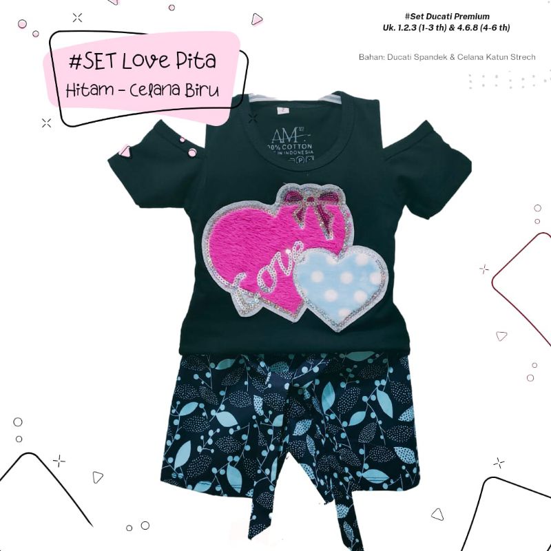 Setelan Anak Perempuan &quot;DOUBLE LOVE&quot; Size 1-5th bahan Ducati Katun Spandek Premium