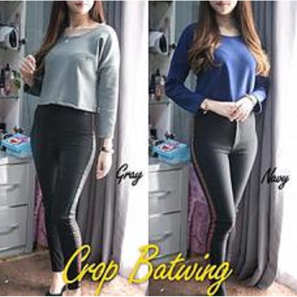 [Crop Knit Batwing BC]Blouse wanita knit Navy/Grey/Grey/Maroon