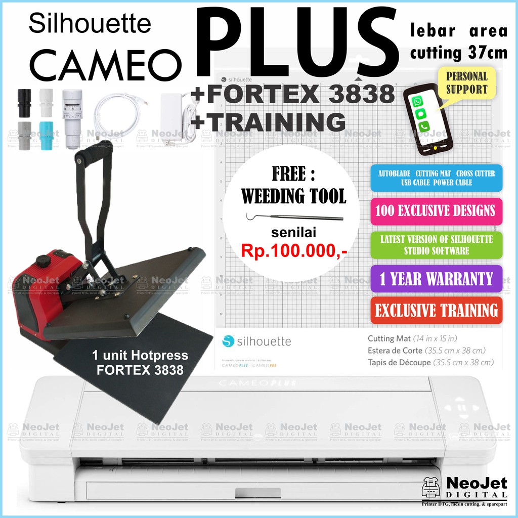 

Paket Mesin Cutting Sticker Cameo 4 Plus lebar area cutting 37 cm HotPress Fortex 38x38cm 3838