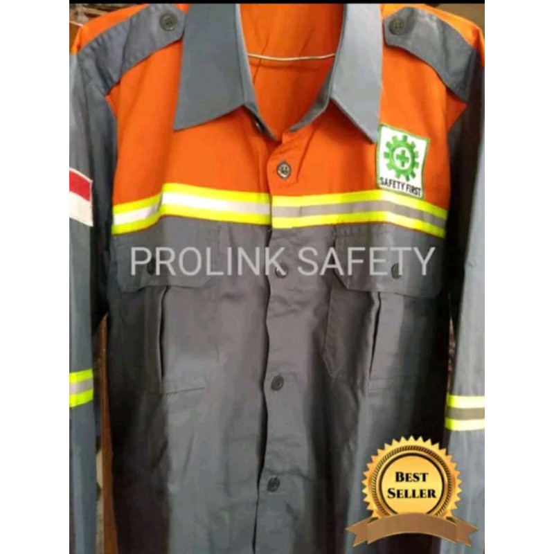 SERAGAM BAJU SAFETY ABU ABU ORANYE KANCING SCOTLIGHT HIJAU