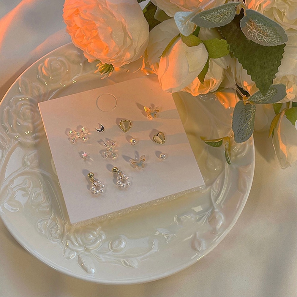 Butterfly Set Anting Stud Desain Kupu-Kupu Hati Pita Bintang Aksen Mutiara Untuk Wanita