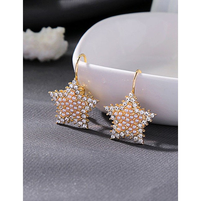 LRC Anting Tusuk Fashion Golden Pearl Star Earrings With Diamonds D69578